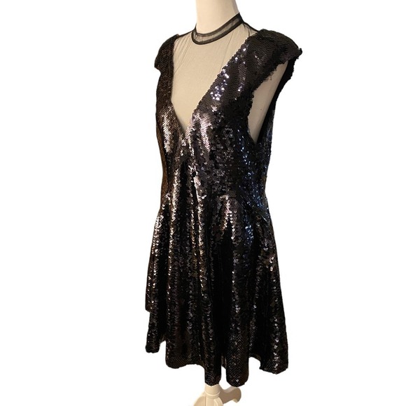 Free People Womens Black Combo Dance Til Dawn Sequin Dress V Neck Cap Sleeve M - Picture 3 of 8